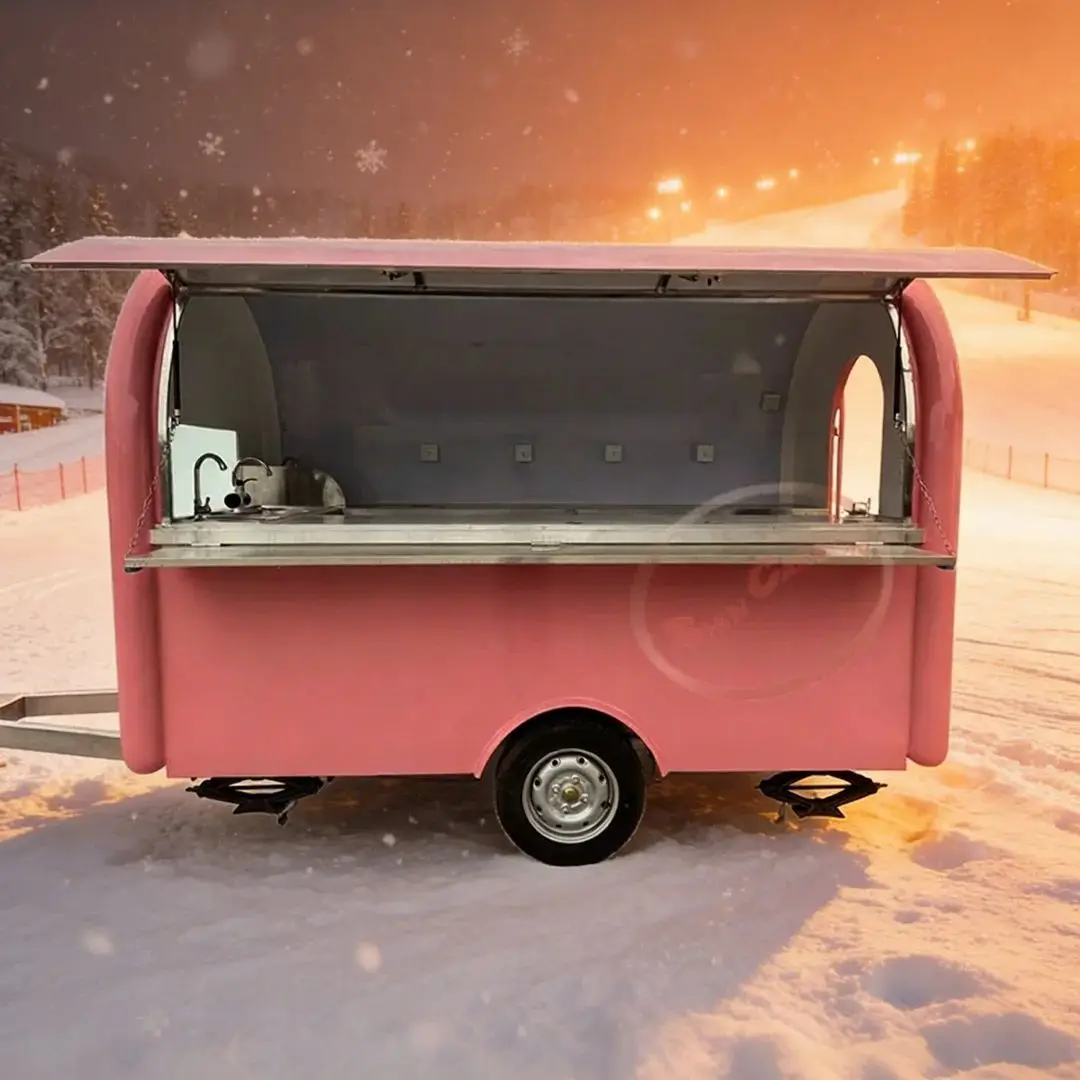 Pink Fiberglass Food Trailer Catering Cart with Commercial Kitchen Appliances Air Conditioner Large Windows for Business Use