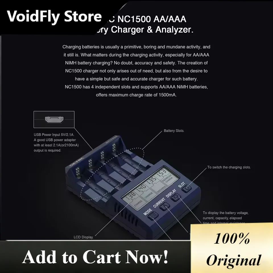 VoidFly SKYRC NC1500 AA/AAA Battery Charger Analyzer - Pro Recharge Charger For 4 AA NiMH Rechargeable Batteries, Multi-Function