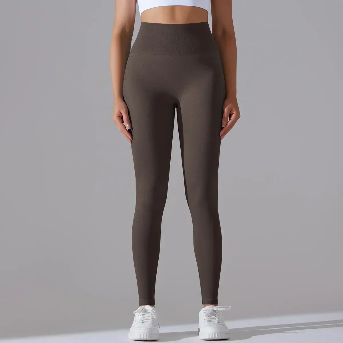 AL Yoga Damen-Hose, Sport-Lauf-Leggings, Sport-Fitness-Hose, gestrickt, solides lächelndes Gesicht, sexy Yoga-Hose mit hoher Taille, Braun