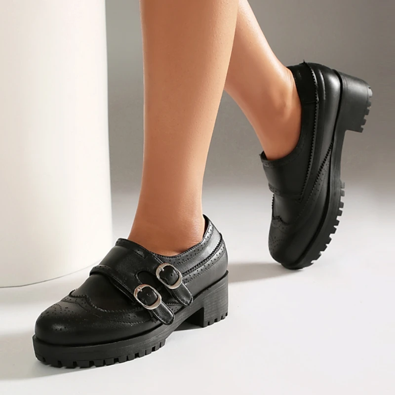 Women's Block Low Heels Pumps Loafers Shoes Platform Black Buckle Gothic Punk Heeled Large Size Lolita Walking Shoes Ladies