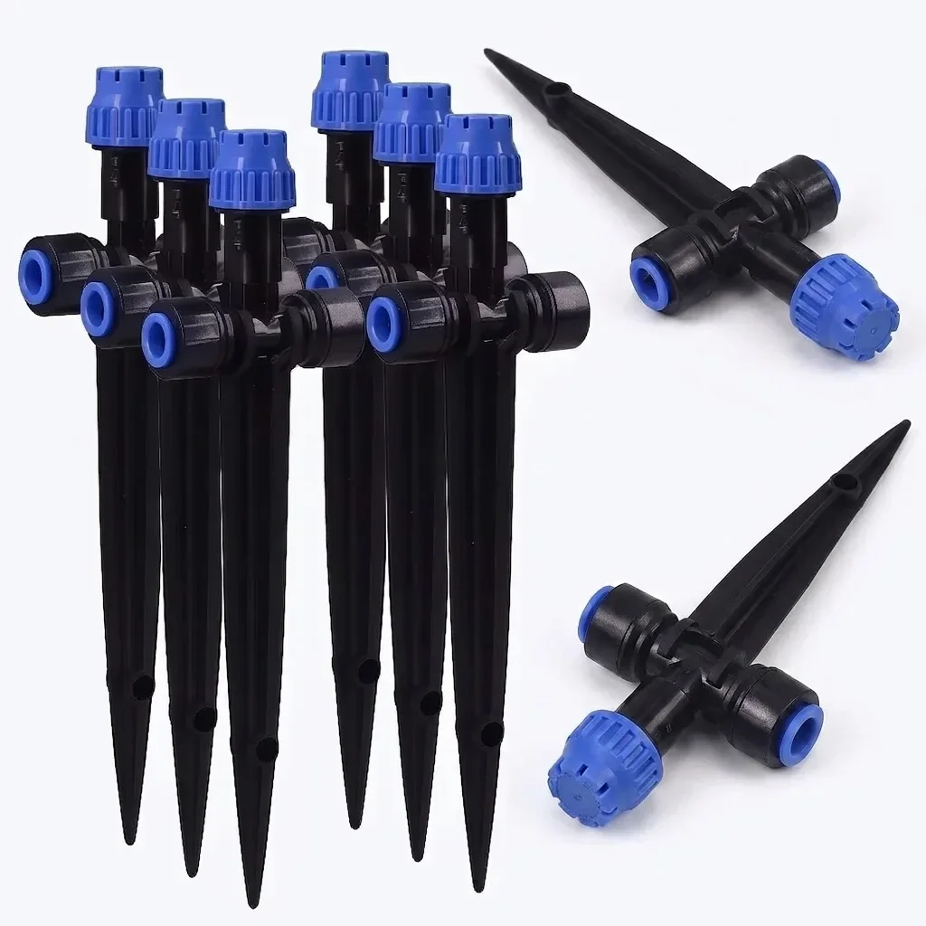 Garden 1/4 inch 8 holes Tee Sprinkler with Support 6mm Quick Connector 360 Degree Adjustable Dripper Sprayer for Lawn Pots
