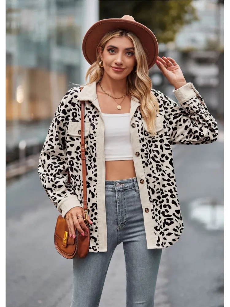 

2025 New Sexy Leopard Print Corduroy Jackets Women Autumn Lapel Down Collar Fly Coats Ladies Casual Loose Outwear Winter Coats