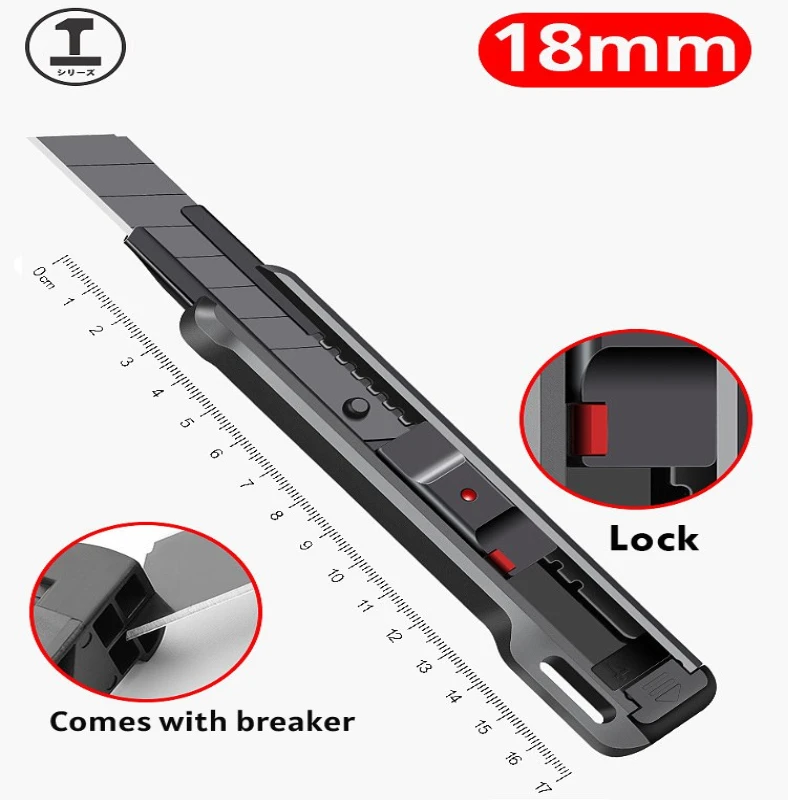 Multi Utility Knife 9/18mm Retractable Snap-Off Pocket Knives, Black Carbon Steel Blades AutoLock Mini Box Cutter Package Opener