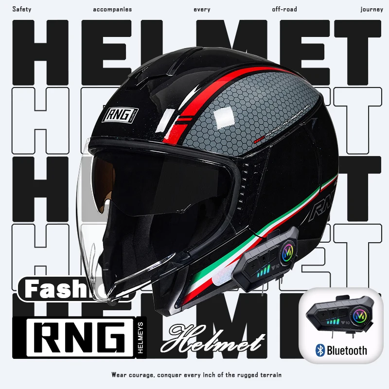 

RNG 3/4 Motorcycle Helmet - Bluetooth-Enabled Double Lens Off-Road Casco for the Modern Street Knight and Off-Road Enthusiast