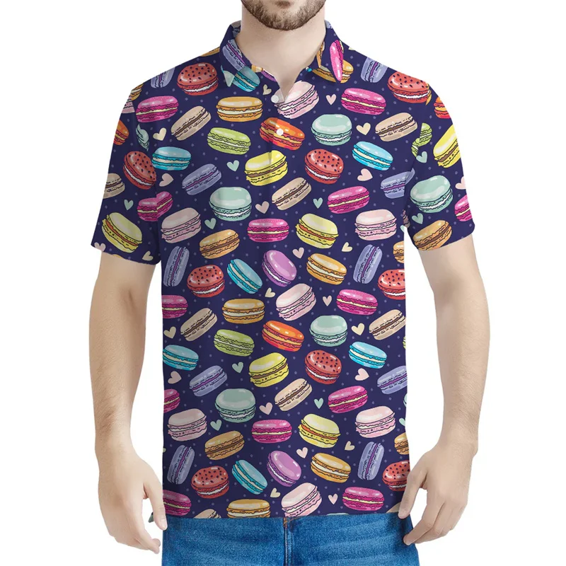 

Colorful Macaron Graphic Polo Shirt Men 3d Printed Food Tees Loose Button Short Sleeves Tops Kids Casual Lapel Polo Shirts