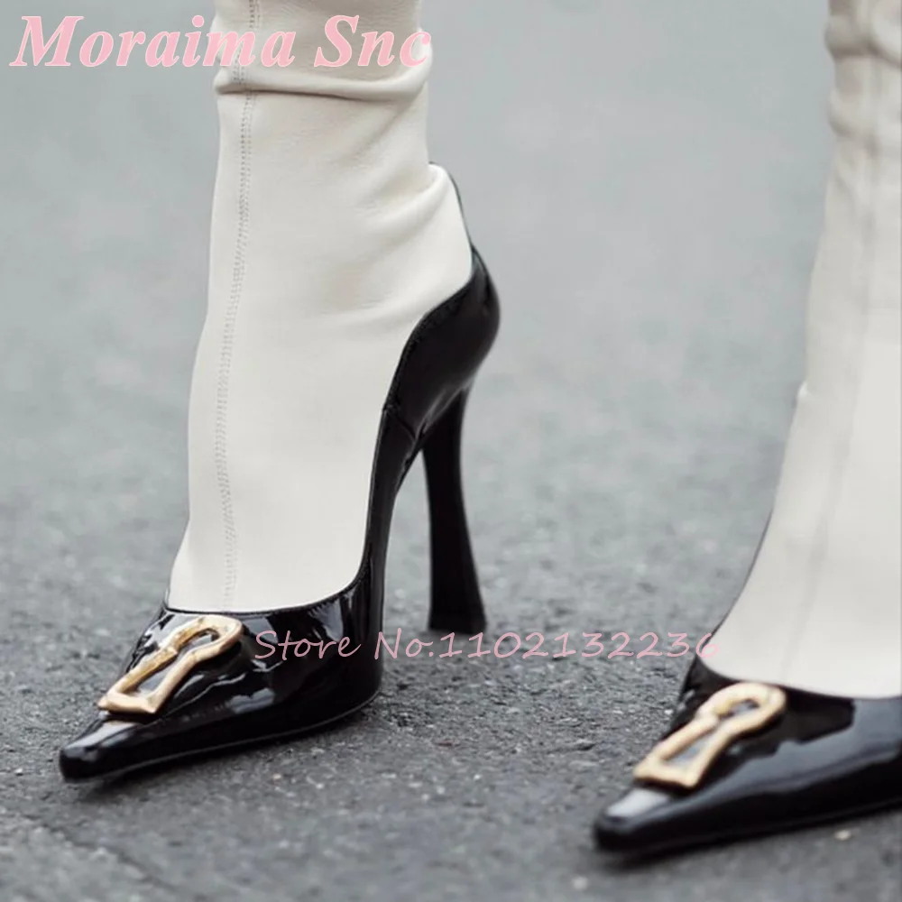 Gold Geometric Buckle Decor Shallow Pumps Black Suede Leather Pointed Toe Stiletto High Heels For Women Sleek Glamorous Footwear