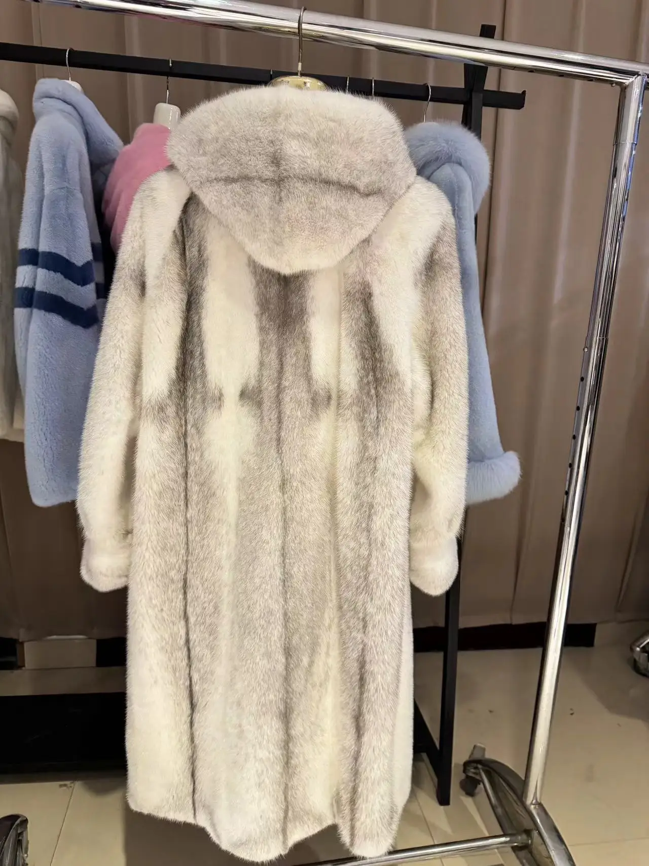 luxury import real natural mink fur coat long with big hood light grey color silver blue cross women beautifu fur coat