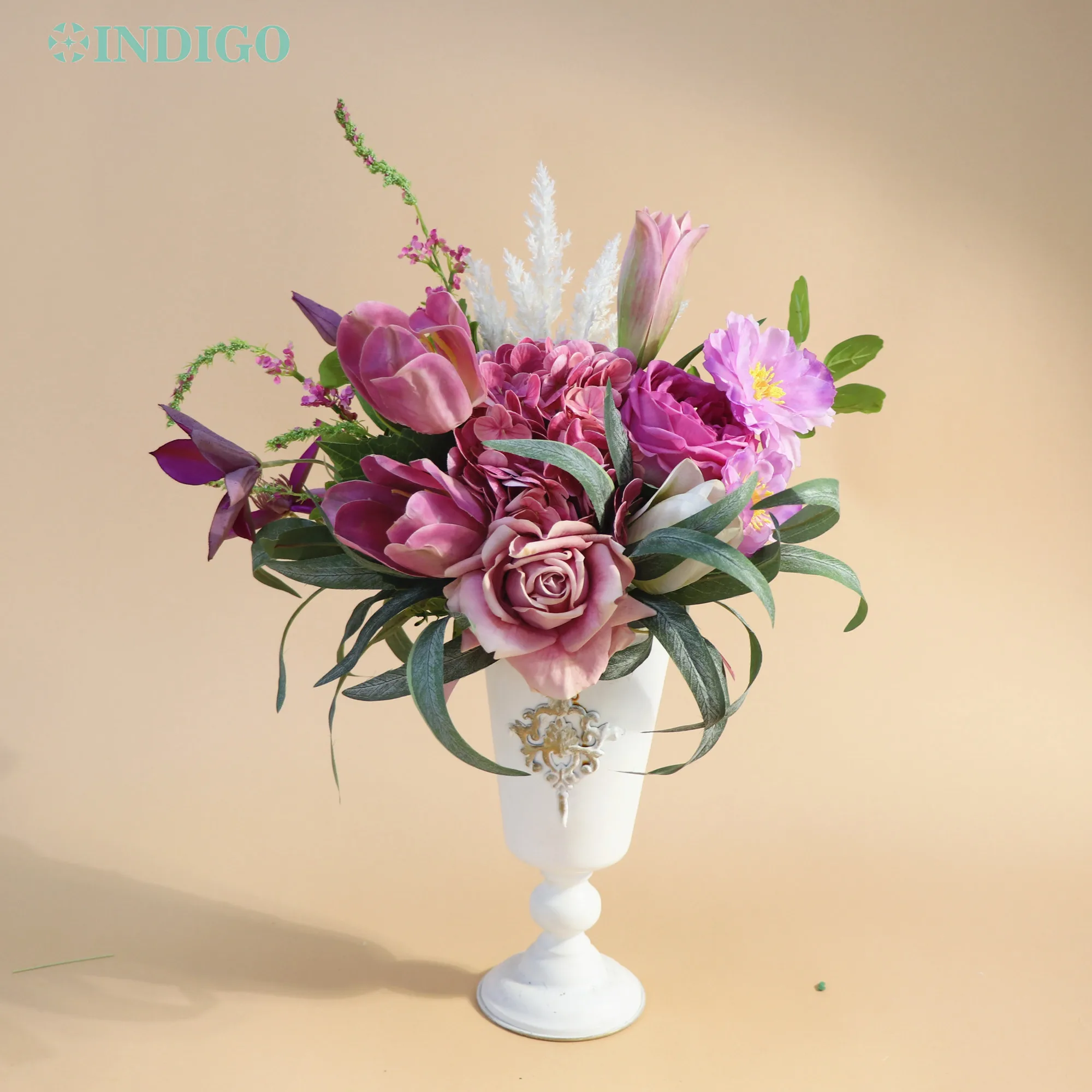 

INDIGO-Purple Rose Protea Artificial Flower Arrangment with Metal Vase, Home Decoration, Party Event, Interior Display, 1 Set