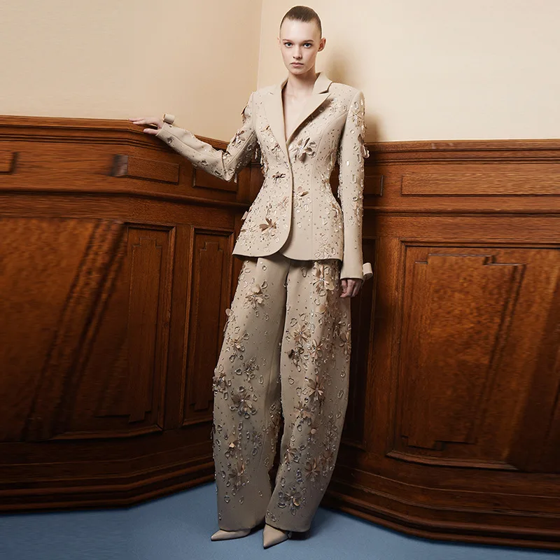 HIGH STREET Neueste Mode 2026 Designer Runway Anzug-Set Luxuriöser Damen-Anzug mit Perlen und Blumenmuster Hosenanzug 2-teilig