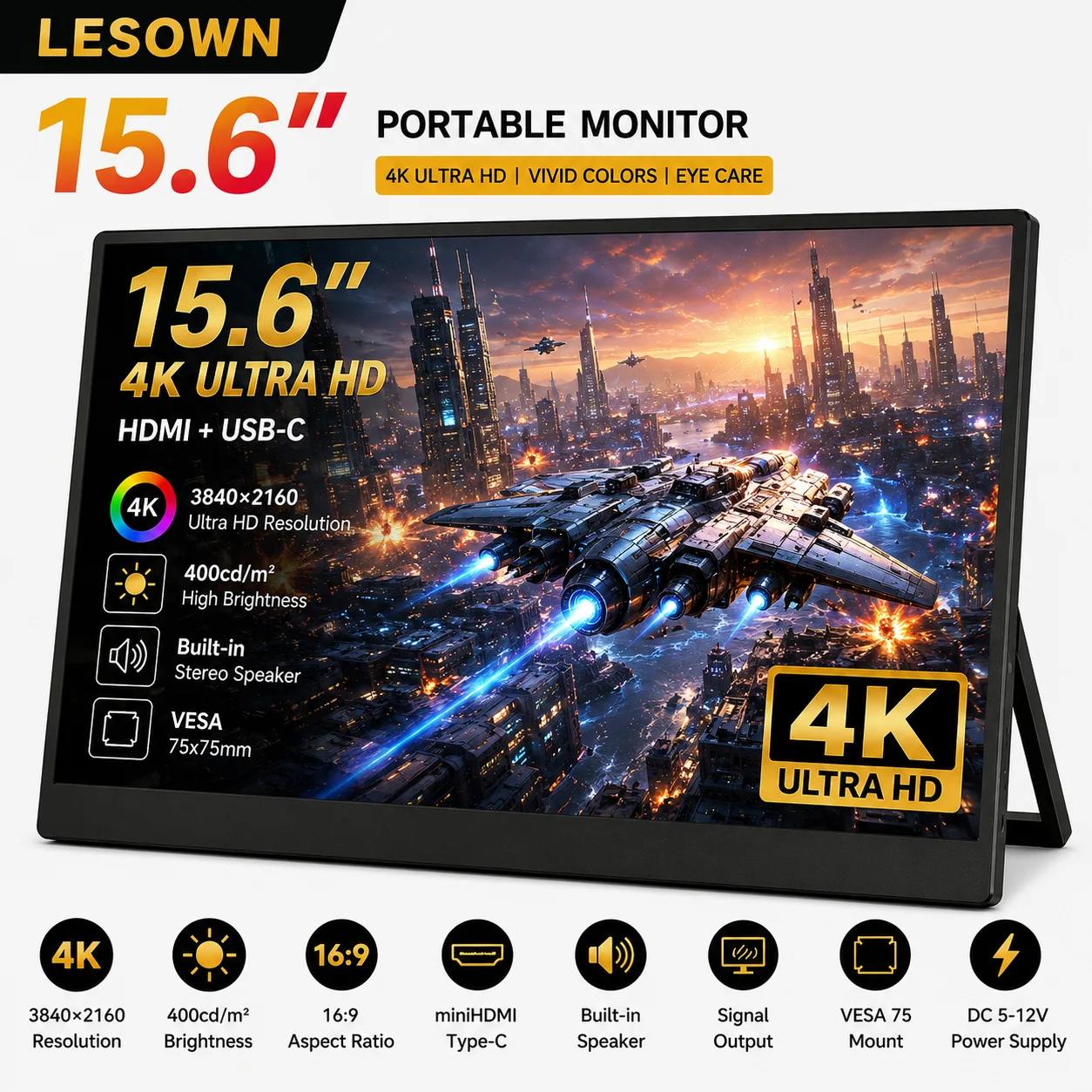 LESOWN 15.6" External Monitor 4K UHD Resolution Plug and Play Slim Travel Display with VESA for Office