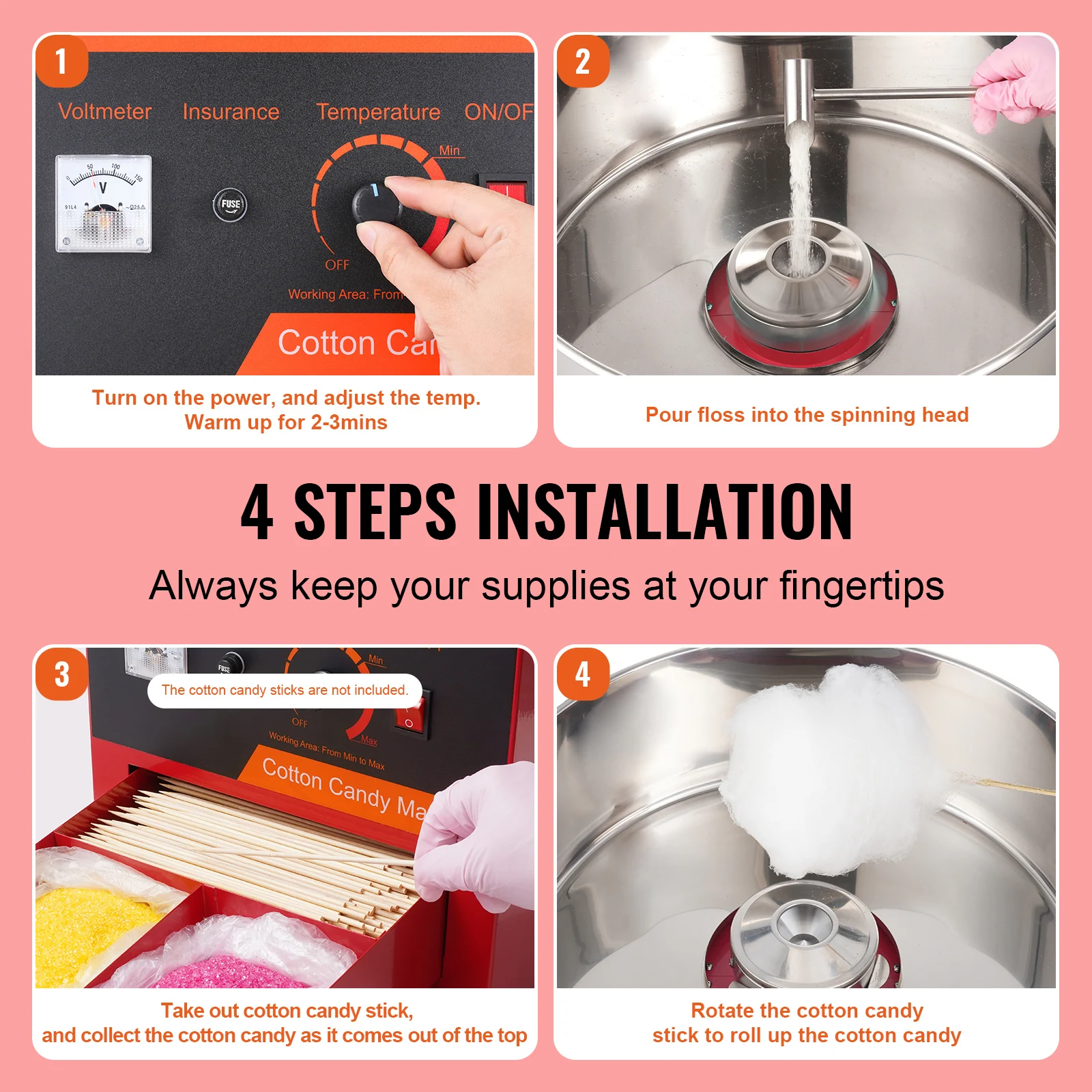 SucceBuy Electric Cotton Candy Machine 1000W Candy Floss Maker Commercial Cotton Candy Machine with Cover  for Kids Birthday