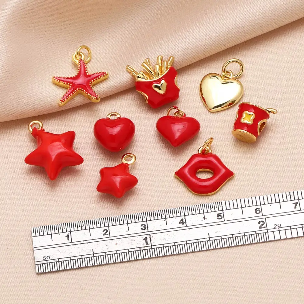OCESRIO  Small Red Enamel Heart Charms for Bracelet Copper Gold Plated Fishstar Star Mouth Jewelry Making Accessories chma326