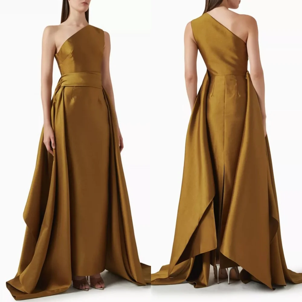 

Customized High Quality Elegant Charmeuse Pleat Straight One-shoulder Long Dresses Bespoke Occasion Dresses Fashion Classic