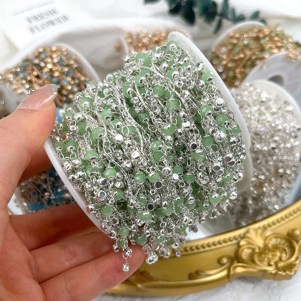 0.5Meter 1Meter Green Crystal Glass Lantern Beads Charm Copper Chain DIY Necklace Bracelet Beaded Chain Jewelry Making Materials