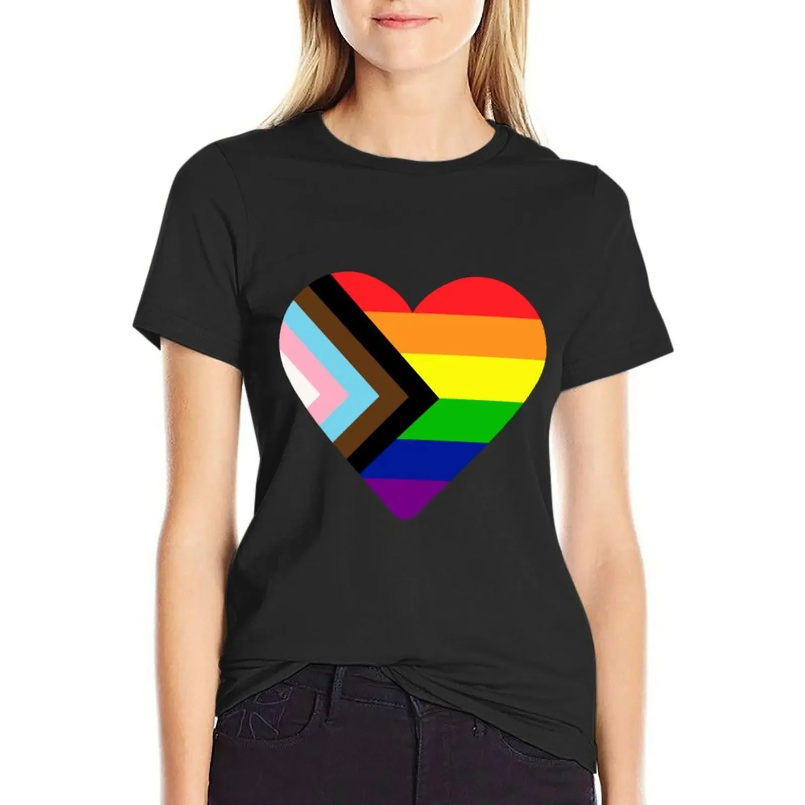 Progress Pride Flag Heart T-Shirt summer top hippie clothes shirts graphic tees t-shirts for Women cotton