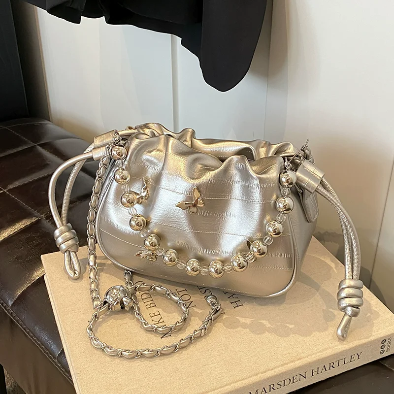 

Новые серебряные сумки и кошелек, женские сумки для пельменей, цепочки с бусинами, сумка через плечо, маленькие сумки из сумок, мини-ведра на шнурке