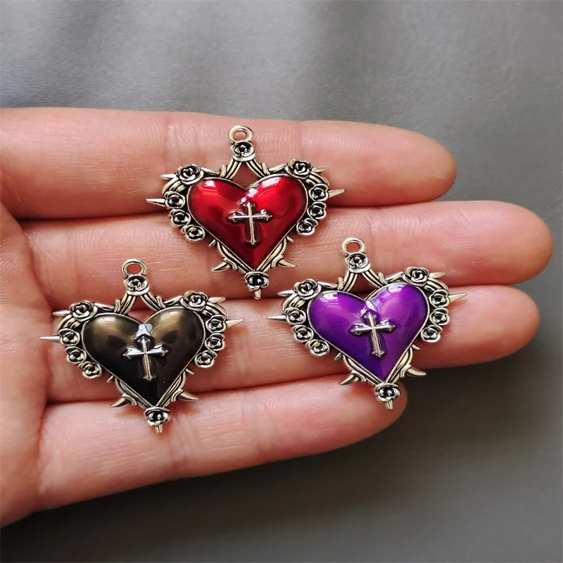 4pcs 30*34mm Thorn Rose Cross Heart Charms Enamel Halloween Pendant Designer Charms Fit Jewelry Making DIY Jewelry Findings