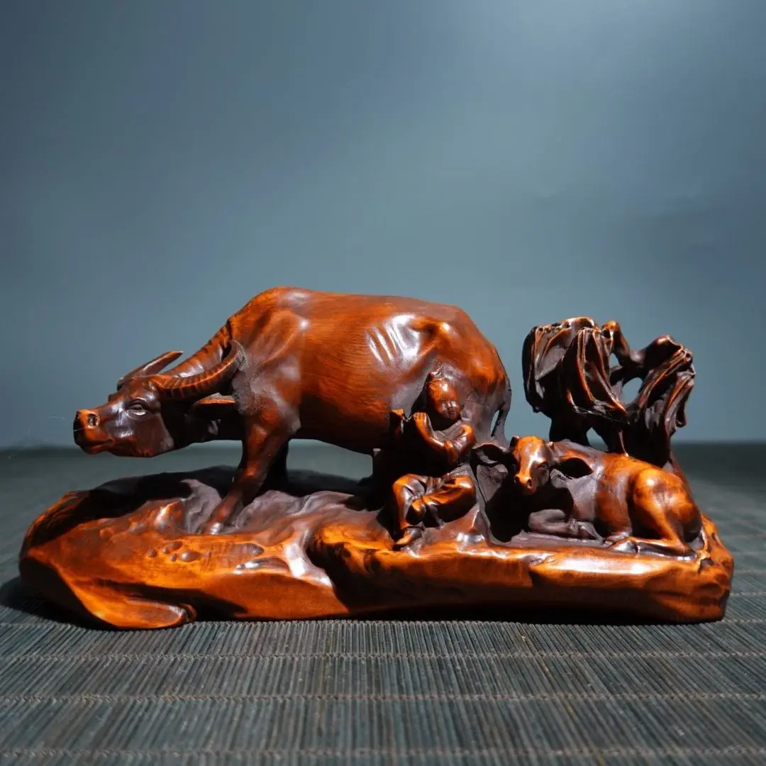 Hand Carved Wood Shepherd boy and cow with calf Statue Figurine Desktop Ornaments Home Decoration