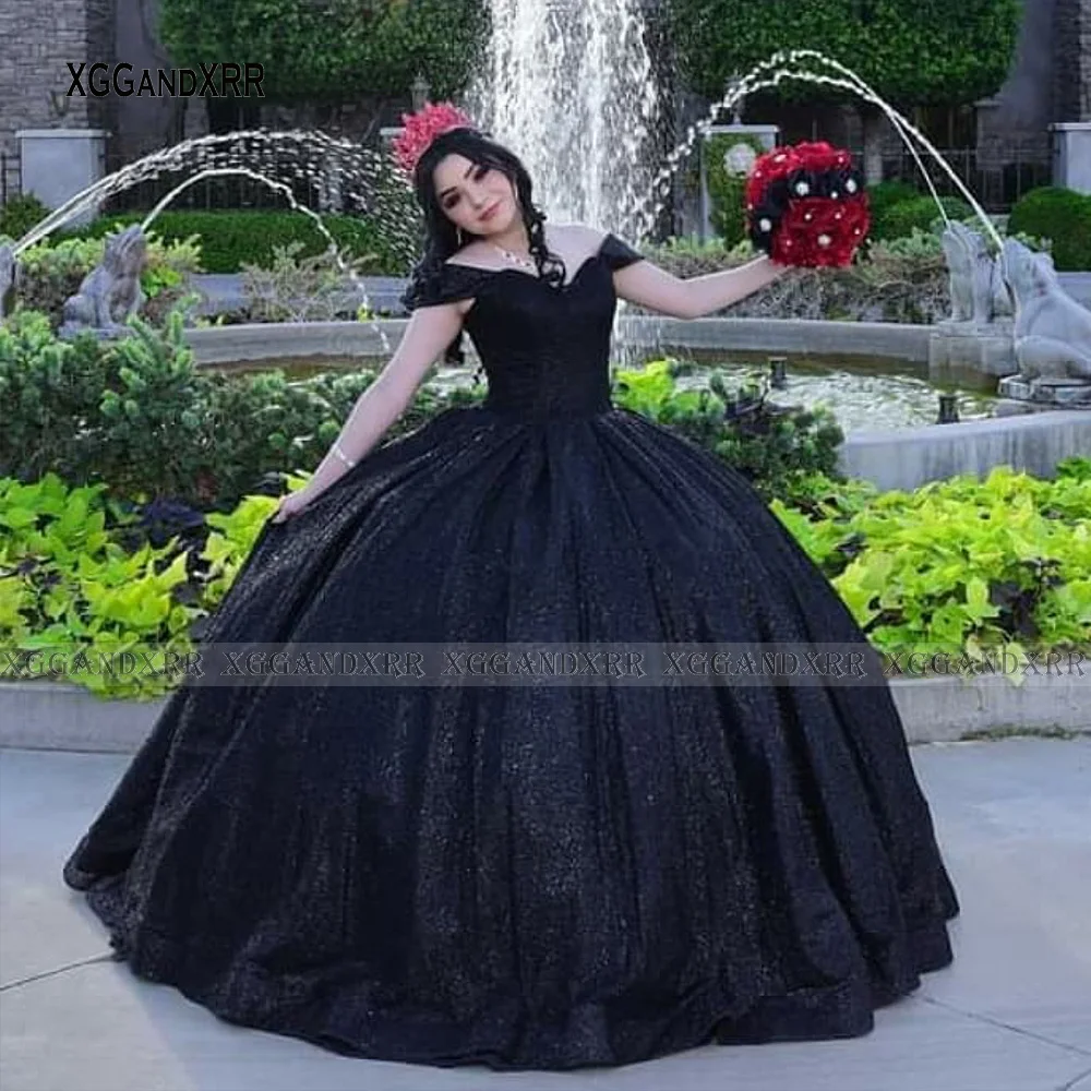 Maßgeschneiderte schwarze Quinceanera-Kleider 2024, glitzernde Nachtkönigin, schulterfrei, herzförmiger Schnür-Ballkleid, Vestidos de 15 Años 2025