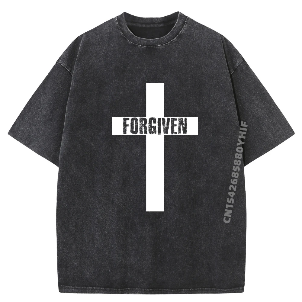 

Forgiven Cross Christian Inspirational Men Women Youth White Graphic Tee Band Tshirts Mens Street Washed T-shirt