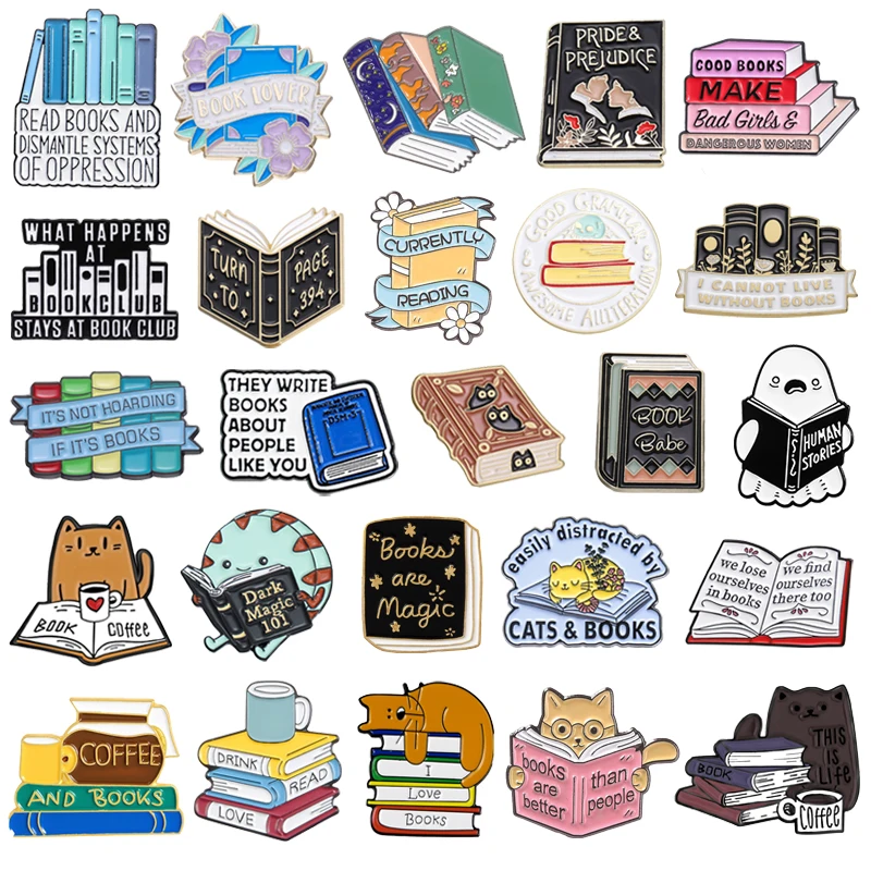 Creative Book Enamel Pins Book Nerd Magic Book Bookworm Cartoon Cat Reading Books Metal Badge Jewelry Gifts For Reading Lover