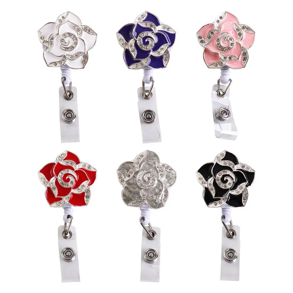 Supplies Rose Flower Name Tag ID Card Badge Clip Retractable Badge Reel Badge Holder Diamond Badge Reel Certificate Clasp