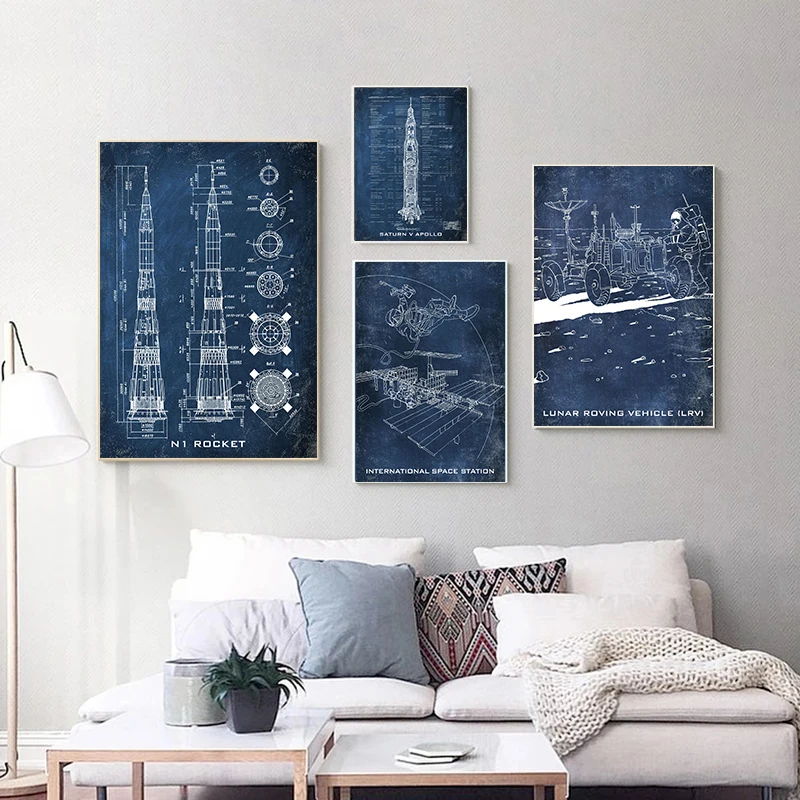 الفضاء الخارجي الرجعية ديكور ملصق صاروخ براءات الاختراع معرض جدار الفن قماش صورة طباعة الطيران الفني مخطط الملصقات اللوحة #1