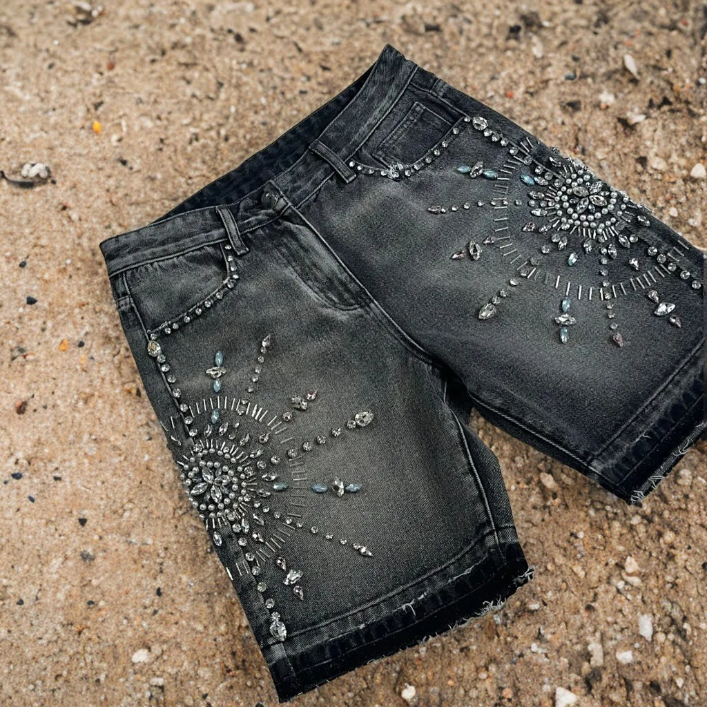 Hip Hop Retro Rhinestone Graphic Black Baggy Shorts Y2K Jeans Mens Womens Denim Gym Shorts High Waist Basketball Casual Shorts