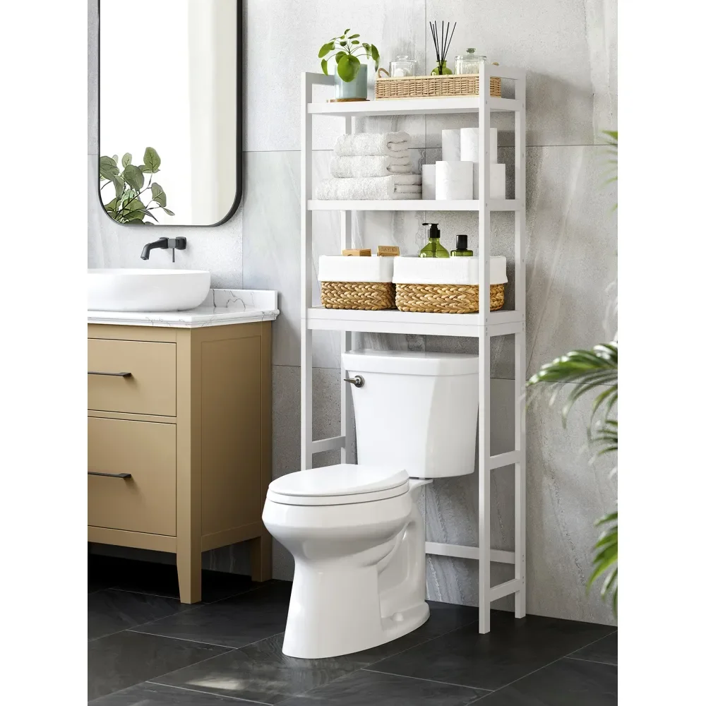 

Стеллаж для хранения над унитазом, 3-ярусная бамбуковая полка для ванной комнаты с регулируемой полкой, подходит для большинства унитазов, экономит место.