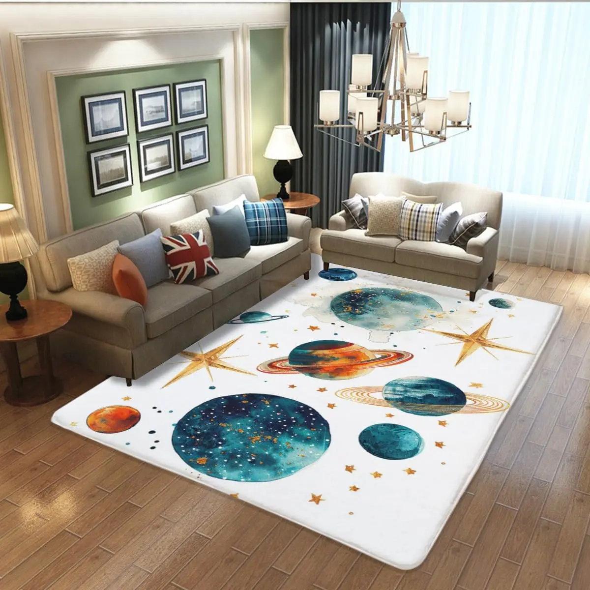 Outer Space Children's Carpet, Planetary Starry Sky Theme Carpet Children's Learning Carpet Blue Mysterious Starry Sky Carpet