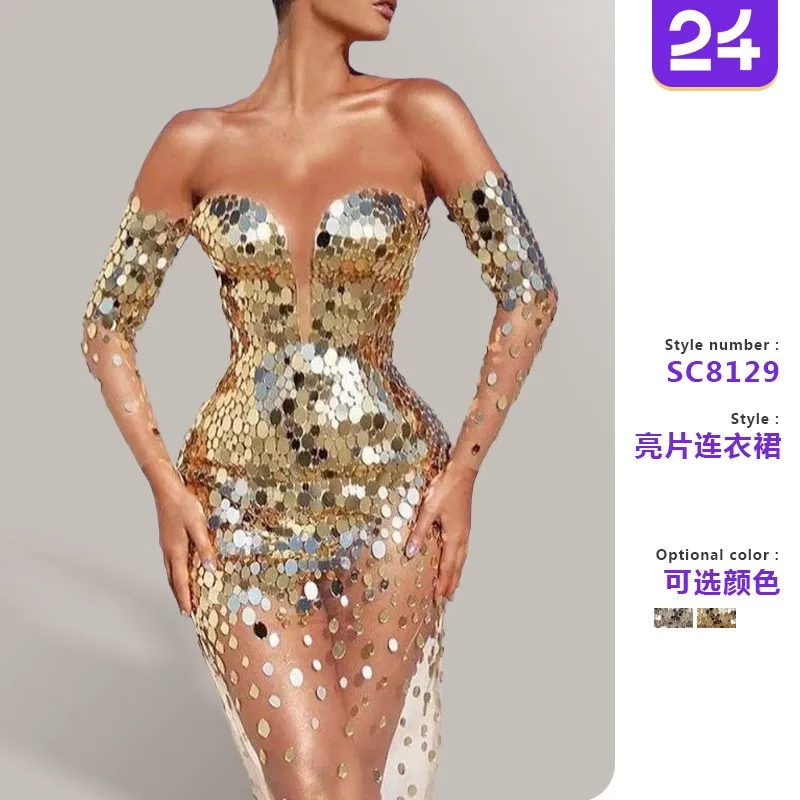 Sequined Gown Off Shoulder High Waist Elegant with Sequin One Shoulder Regular Sleeve Long Sleeve Long Dress Summer for Women