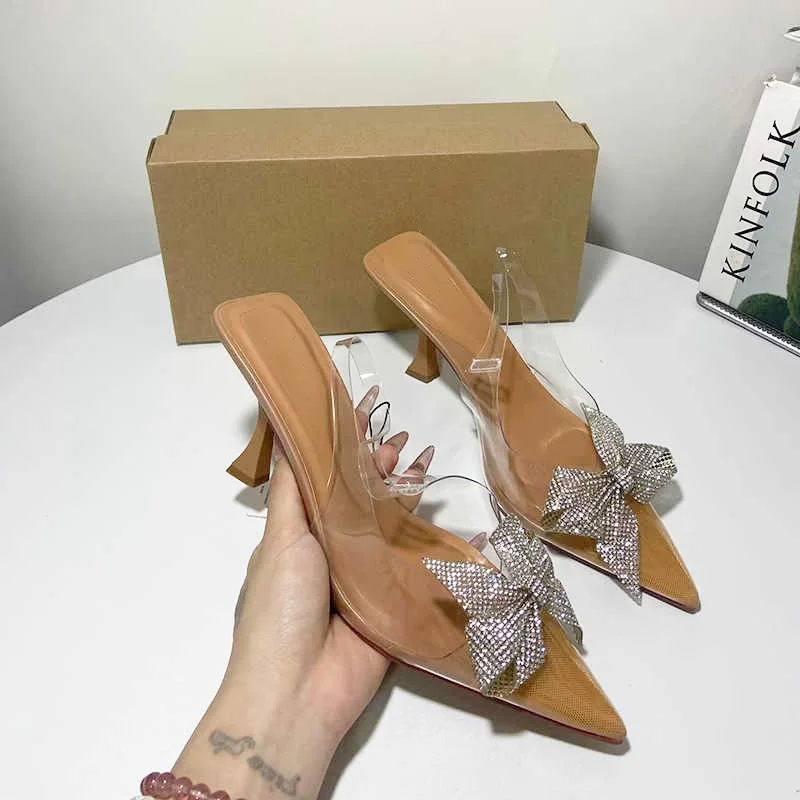 Point Head High Heels Sandal For Woman New Summer Rhinestone Bow Knoit Slingbacks Pumps  Women Transparent Khaqi Sole Stilettos