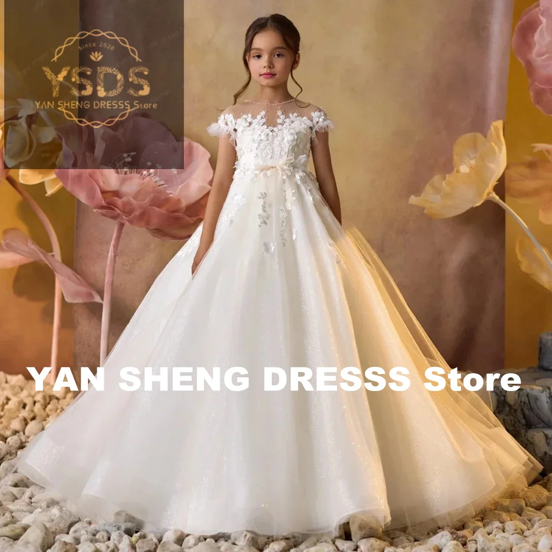 

Платье принцессы для свадьбы, дня рождения, банкета, тюлевые аппликации со шлейфом и короткими рукавами для индивидуальных платьев с цветочным узором для девочек