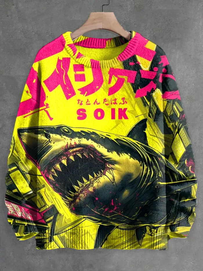 

Men's Vintage Art Shark Japanese Print Knit Sweatshirt Pullover Sweater Women For Men Sweater