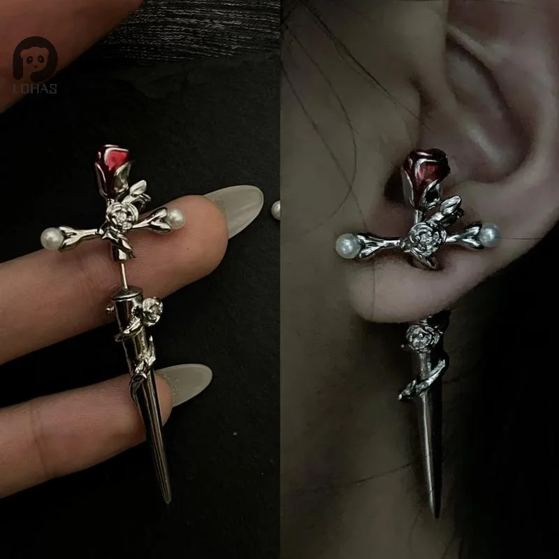 1/2pcs Retro Fashion Dark Gothic Punk Rose Cross Thorn Earring Unisex Piercing Ear Needle Earstuds Jewelry Accessorie