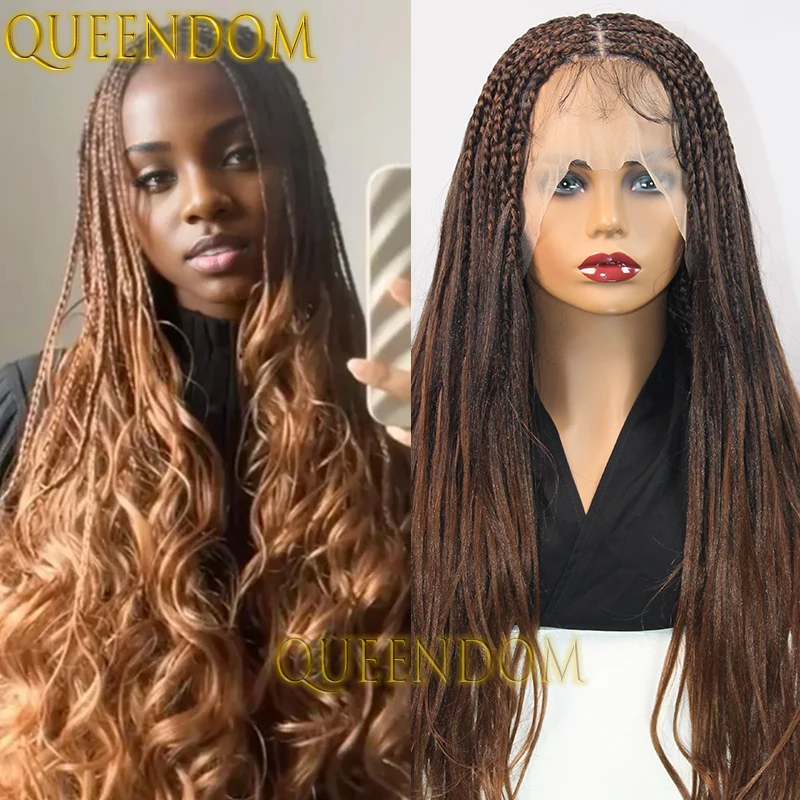 Synthetic Ombre Brown Braids Wig Full Lace Box Braid Bohemian Wig With Curly Ends 28 Inch Knotless Crochet Cornrow Braided Wig