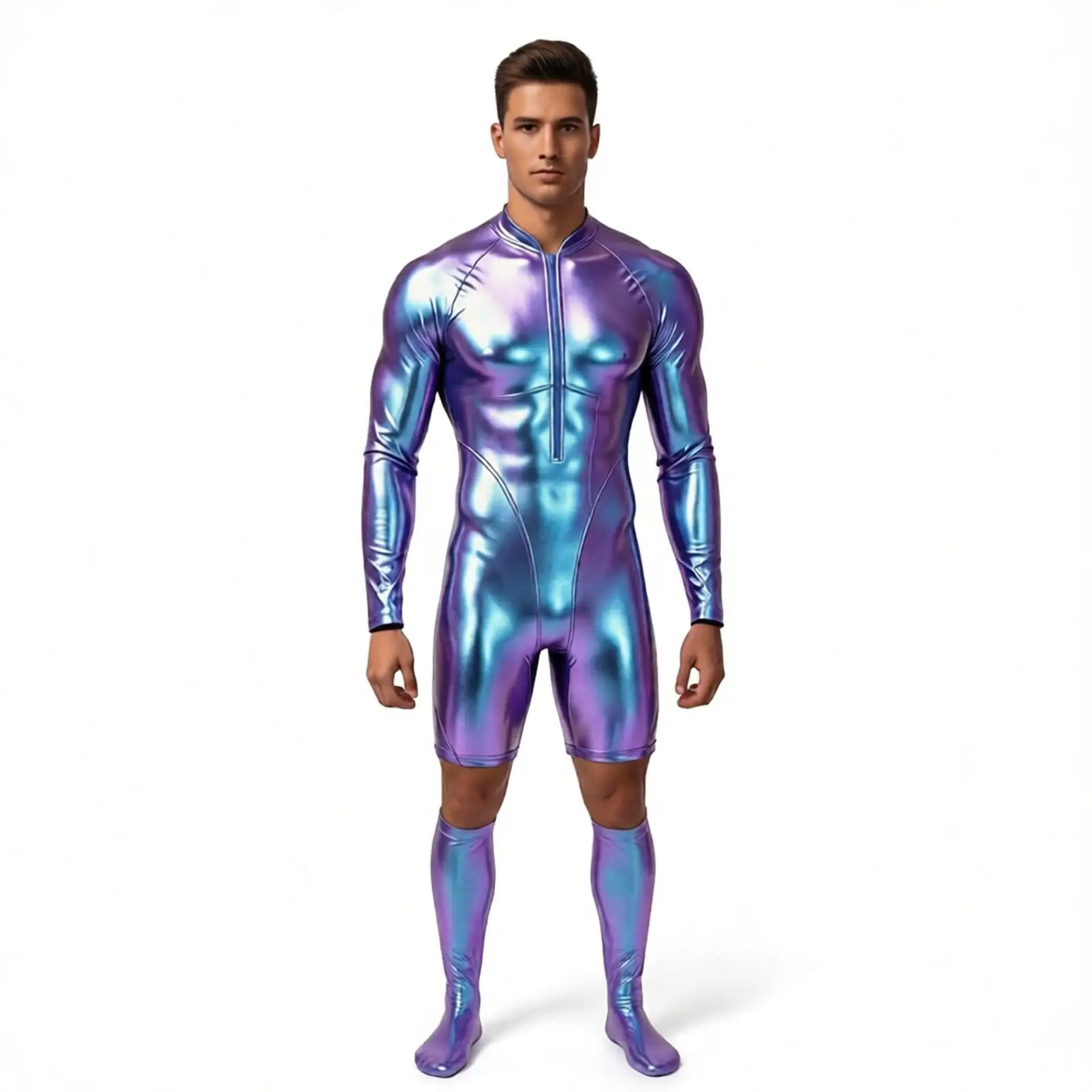 Mens Metallic Shiny Bodysuit Swimwear Swimsuit Front Zipper Long Sleeve One-piece Bodycon Gymnastics Leotard Bodysuit Dancewear