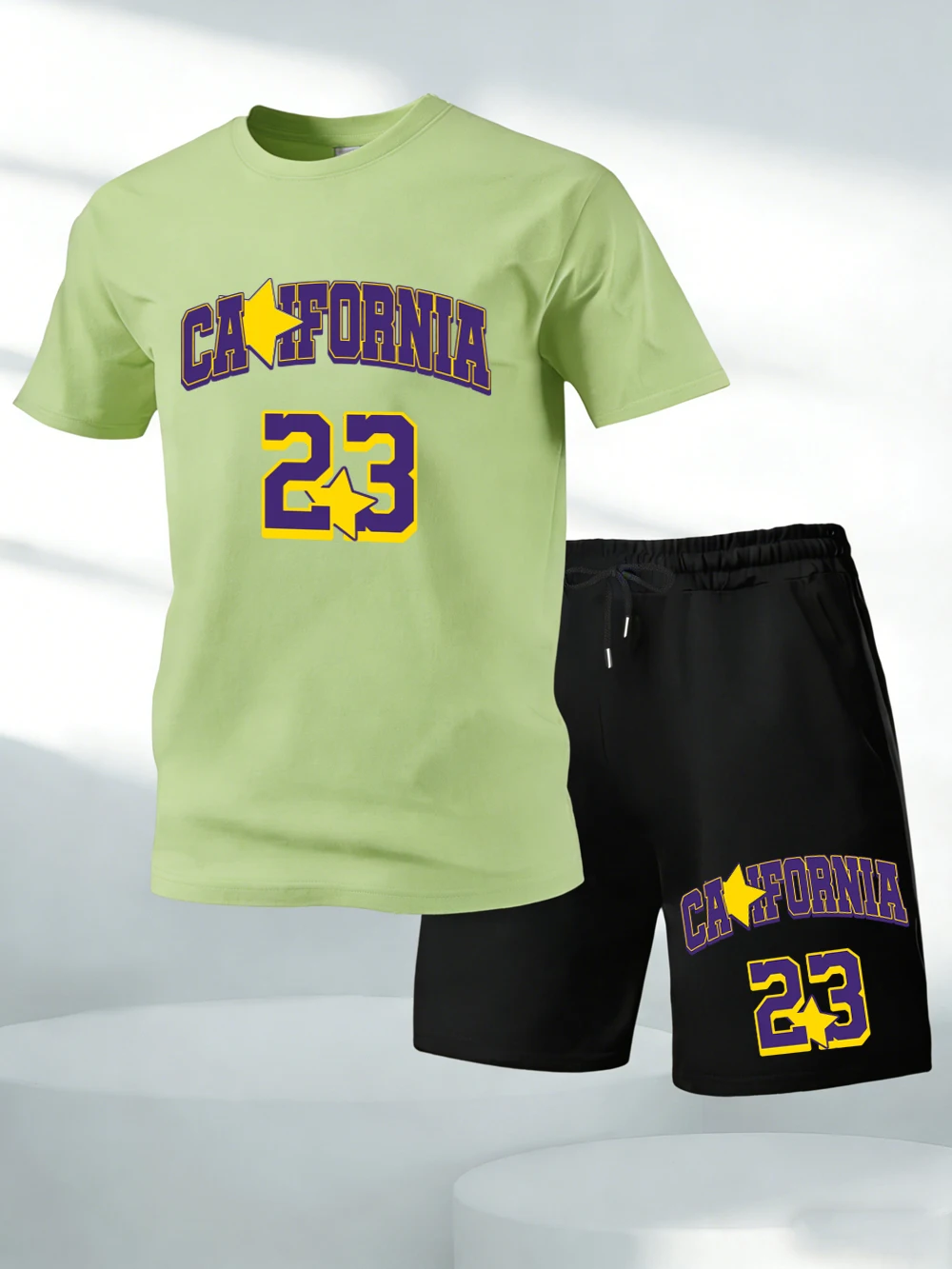 

Two Pieces Set California Star 23 Printed Cotton Tops Shorts Mens O-Neck Oversized Soft T-Shirts Pocket High Waisted Male Pants