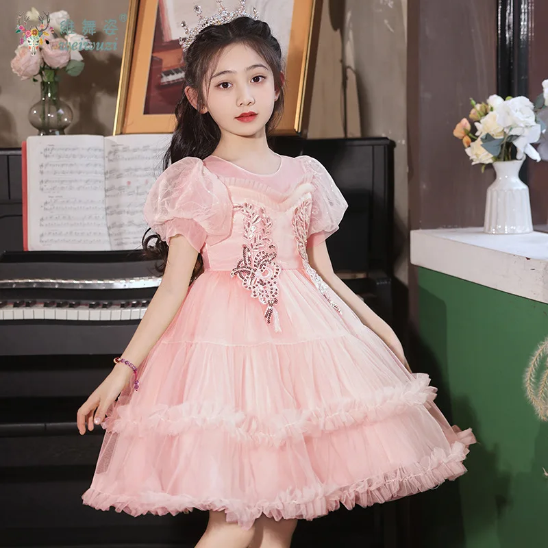 ウェディングフラワーガールドレス パフスリーブ スパンコール付き プロムドレス 子供用 プリンセスパーティー 誕生日 パフォーマンス チュールスカート