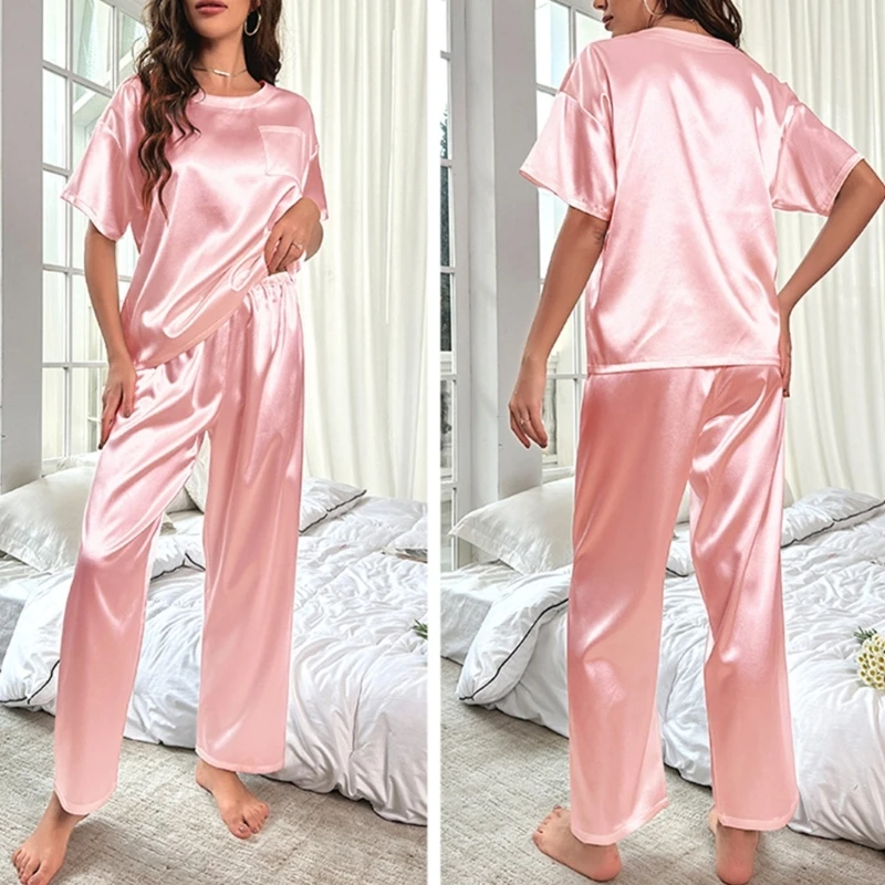 Womens Satins Silky Pajamas Set Short Sleeve Shirt with Long Pajamas Pant Set Soft PJ Loungewear S-XXL