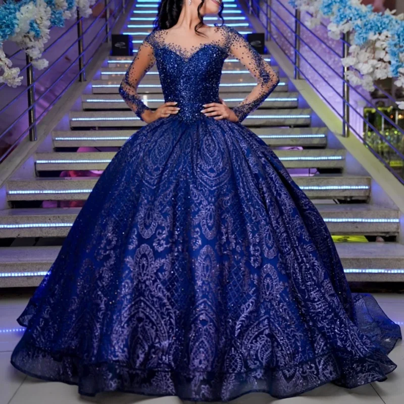 

Shiny blue Off Shoulder Quinceanera Dress Tull glitter decal Lace crystal long sleeves vestidos de 15 Quinceanera ﻿Customized