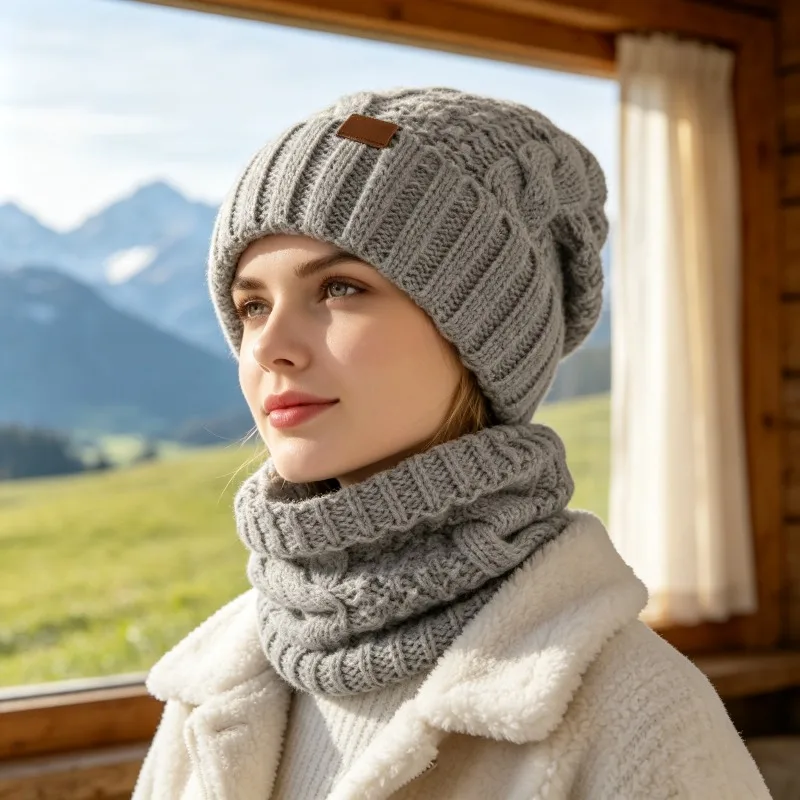 New European‑American Winter Hat And Neck Gaiter Kit Warm Ear‑Cover Knitted Pullover Beanie For Ladies Cold‑Proof