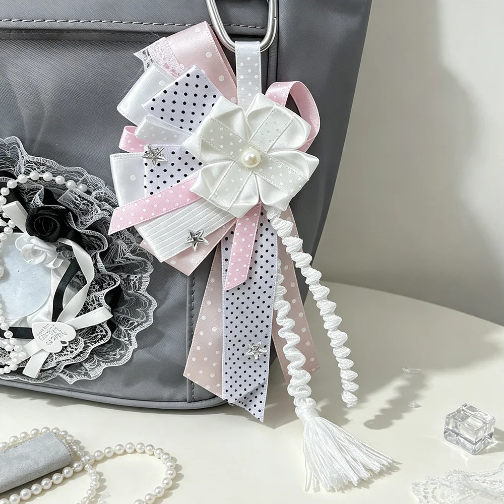 Handmade Polka Dot Bow Itabag Charm, Kawaii Ribbon Flower Bag Pendant, Lolita Decor Accessory