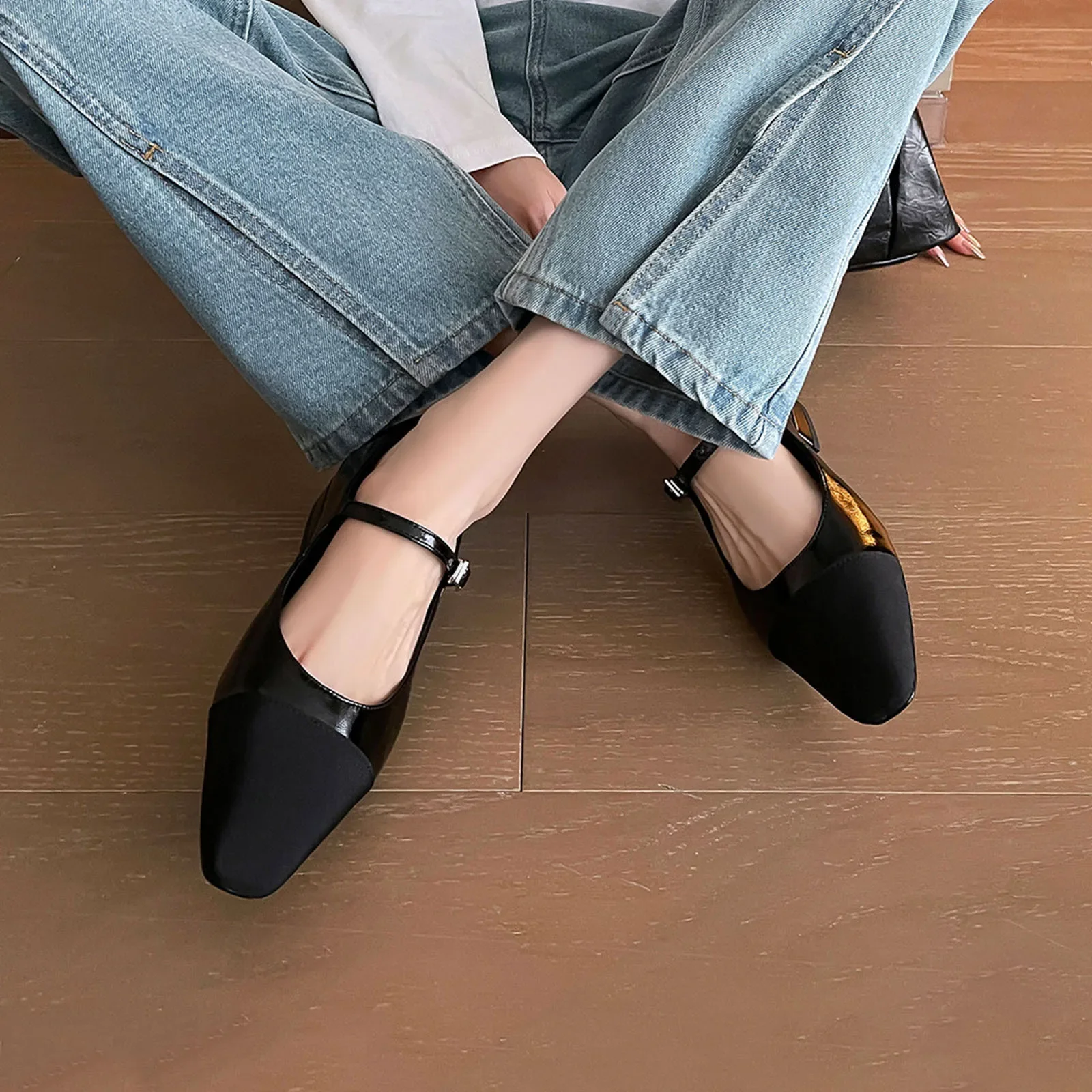 

Spring Metal Cowhide Single shoe square toe Mixed Colors word-cingulate Mary Jane flats large size Women's shoes