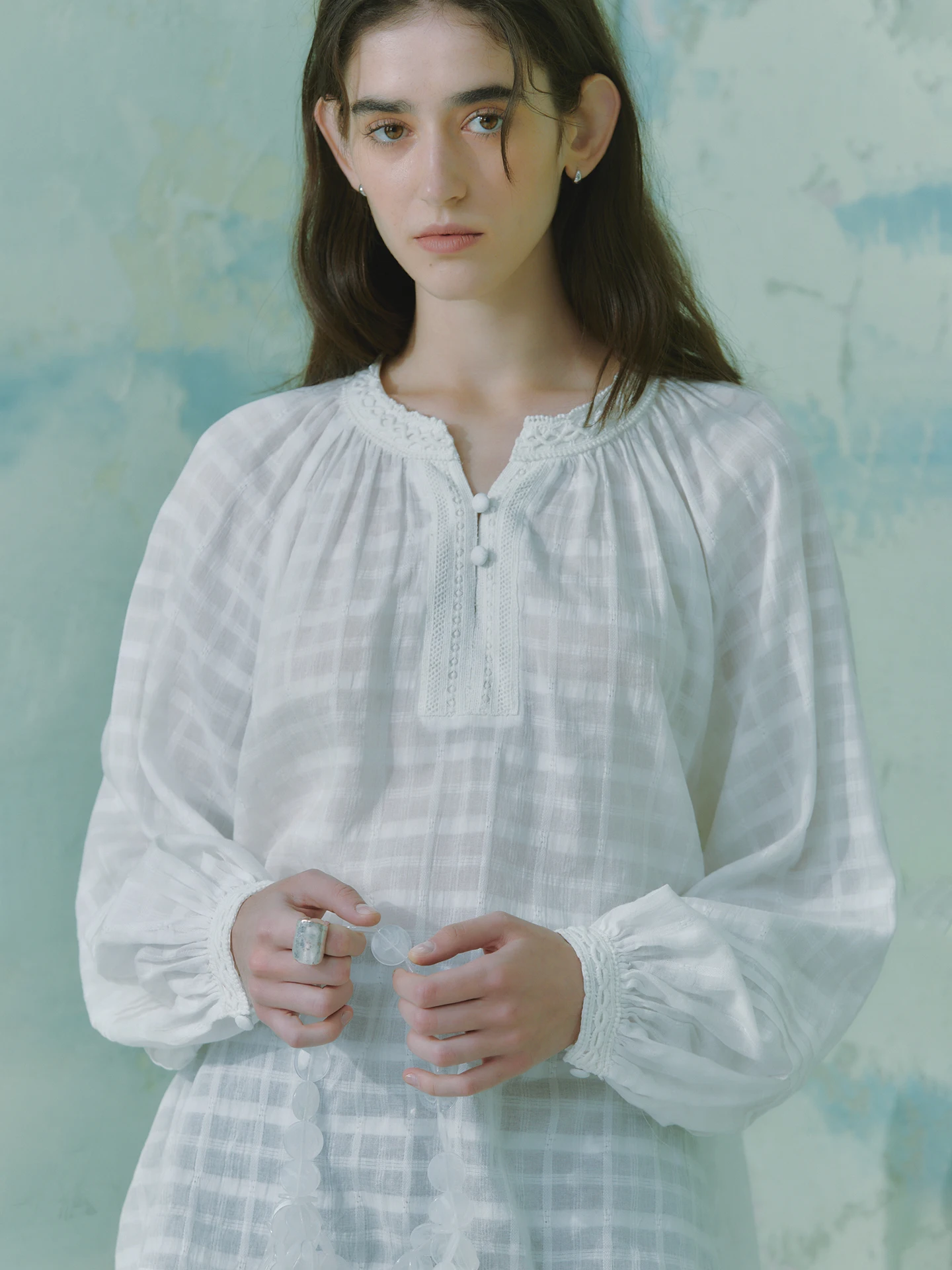 

Oz Mis White Cotton Plaid Embroidery n Women's Spring Summer White irt Loose Fit Lantern Sve