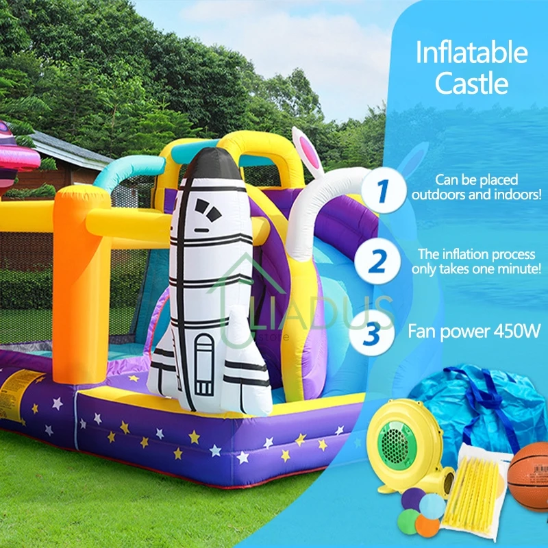 Bounce House with Slide Courtyard Inflatable Castle with Blower Bouncy Castle Children Outdoor Party Game Play House with Pool