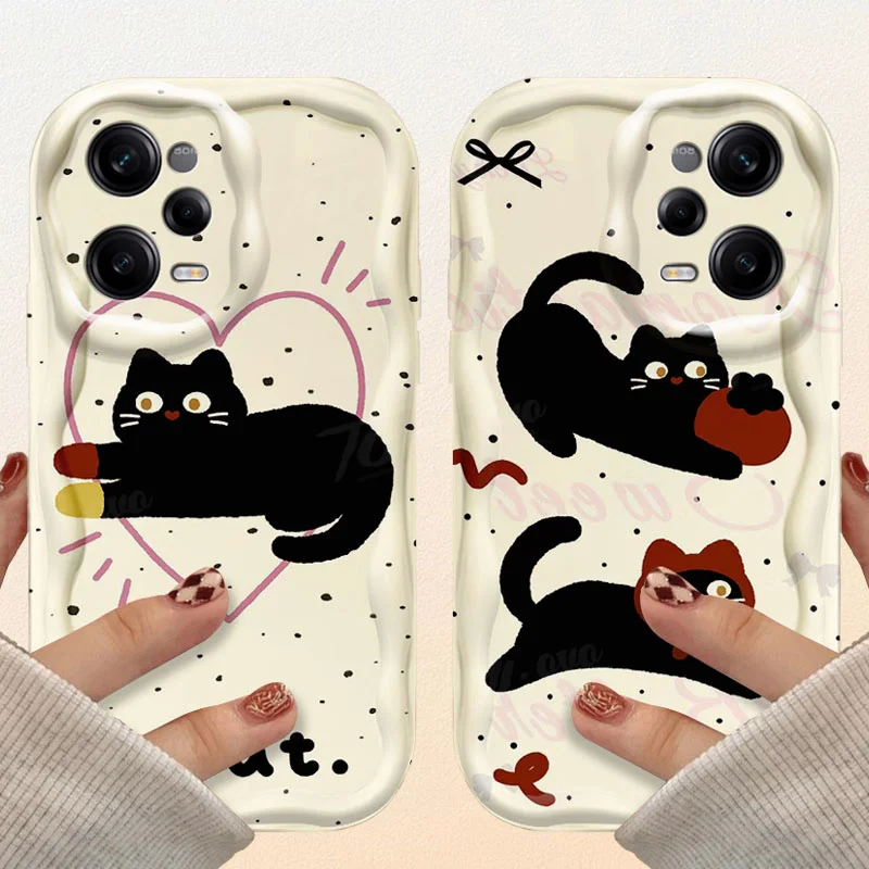 Cute Little Black Cat 3D Wave Case For Xiaomi Redmi 12 12C 12R 11A 13C 10 10C 10X 9 Power 9A 9C 9T 8 K70E K70 K60 K50 Pro Cover