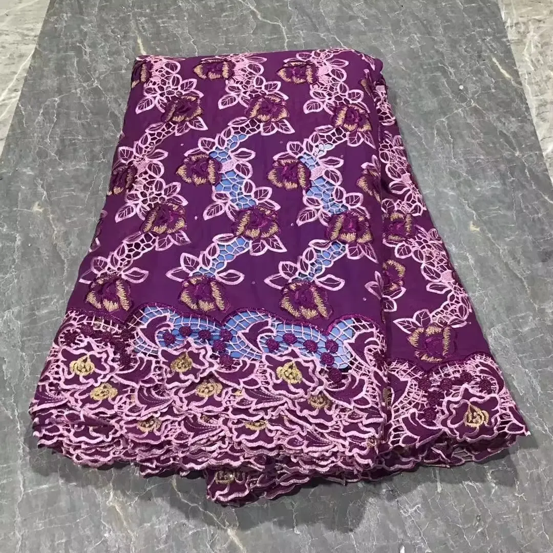 

5Yards/Lot Beuatiful Purple African Cotton Fabric Embroidery Swiss Cord Lace Match Rhinestones For Dressing PL6