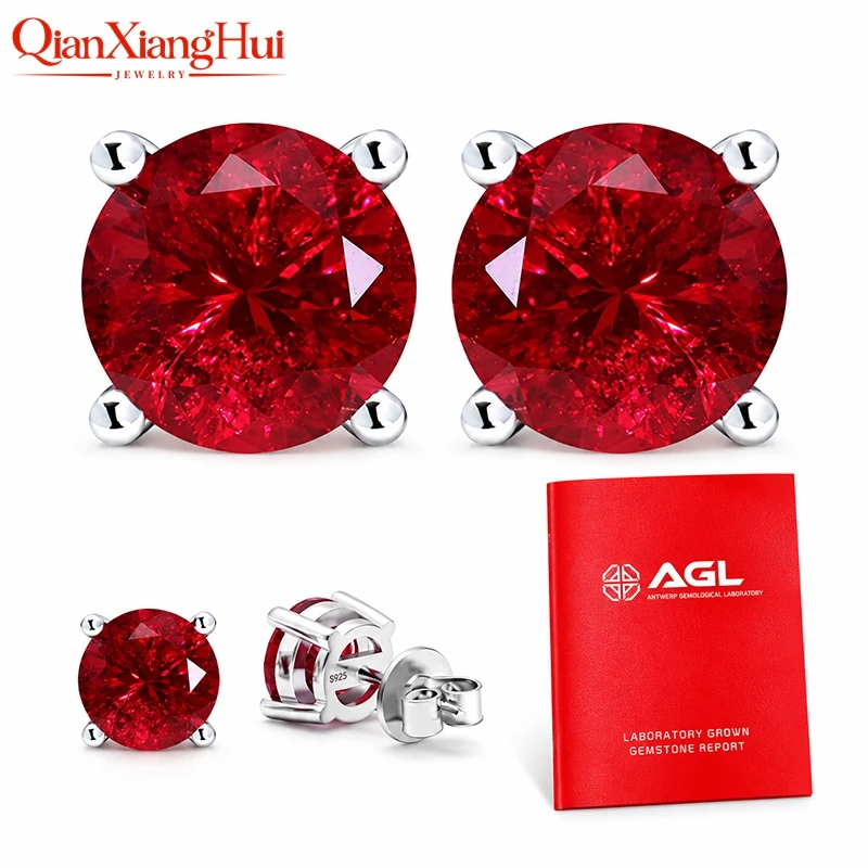 Lab Created Ruby Ear Stud 5-9mm Pigeon Blood with Inclusions Red Round Shape Single Stone S925 Silver Earrings Jewelry