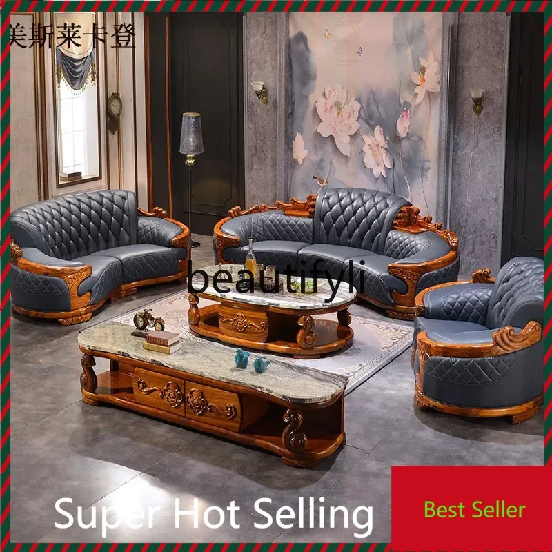 

A71European ebony luxury leather sofa arc line living room combination furniture